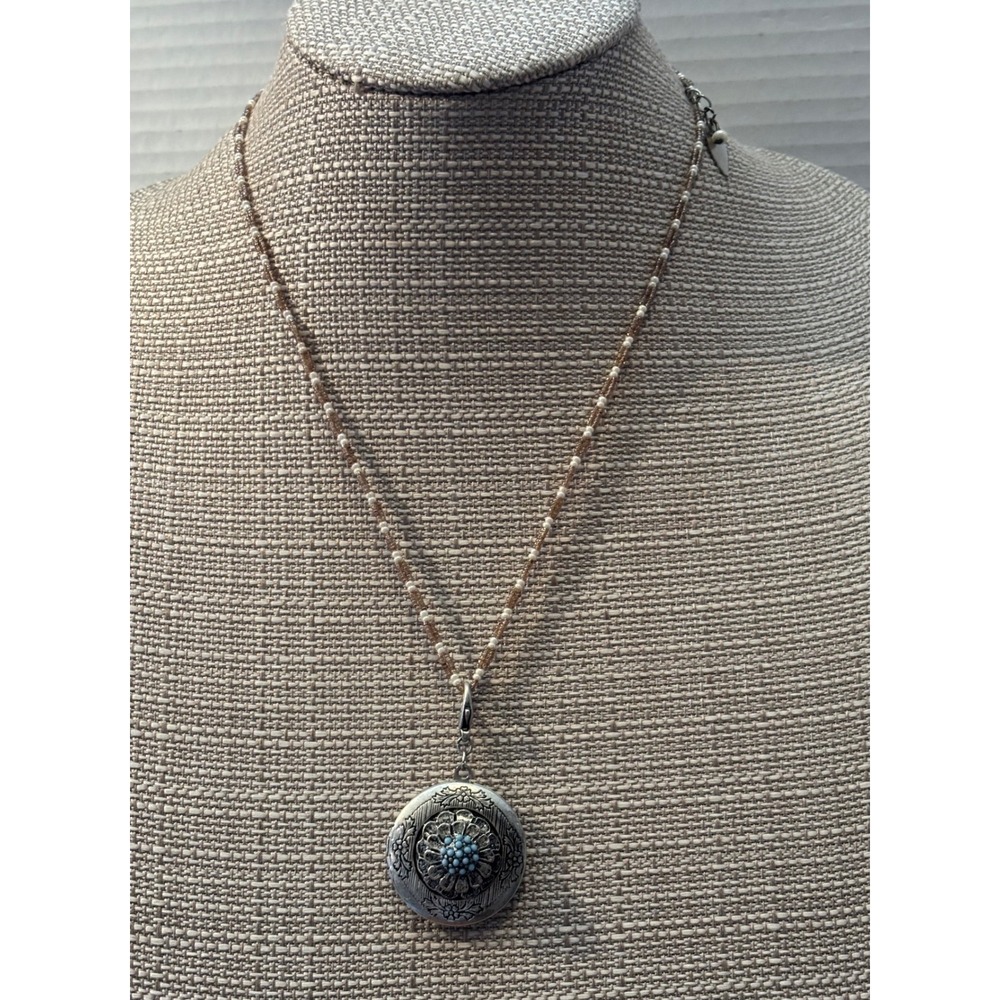 Boho Silver Tone Floral Locket Necklace Turquoise Bead Detail Beaded Chain 24"